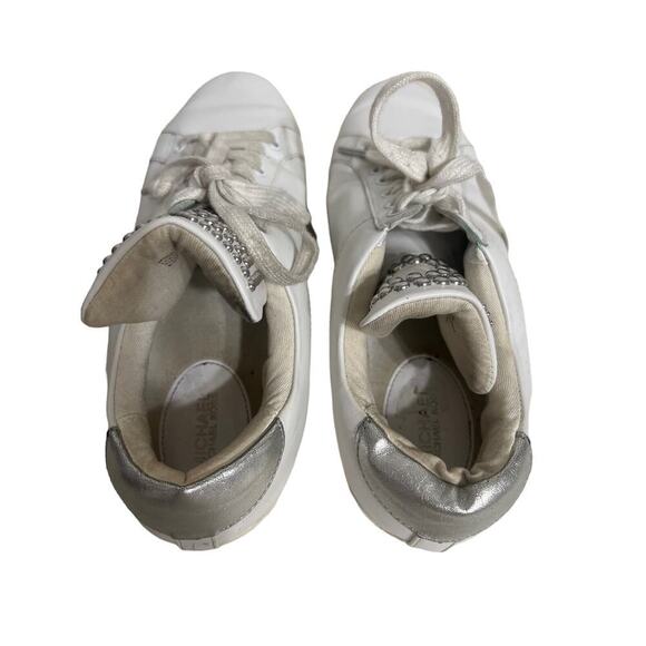 Michael Michael Kors Mindy Lace Up Leather Studded Logo White Sneakers Silver - Picture 7 of 8